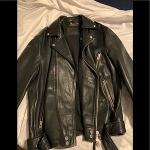 Black AllSaints leather jacket with detachable hood